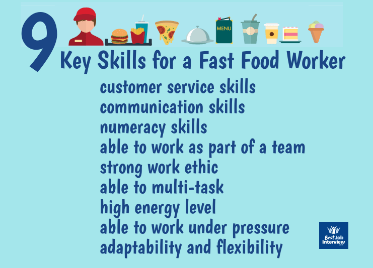 Lista de las 9 habilidades clave para un trabajador de comida rápida en texto
