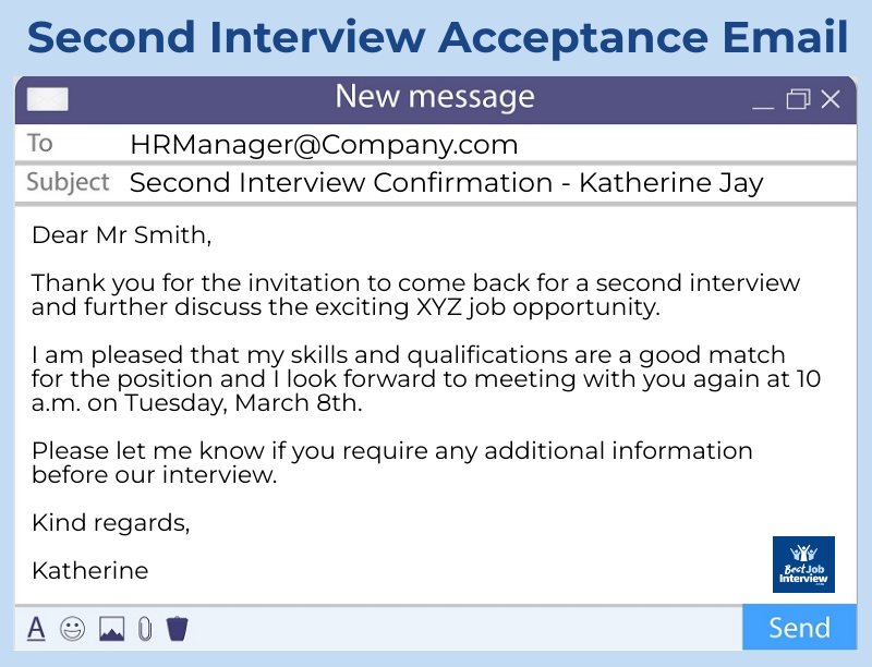 Presentación visual de una segunda muestra de correo electrónico de aceptación de entrevista