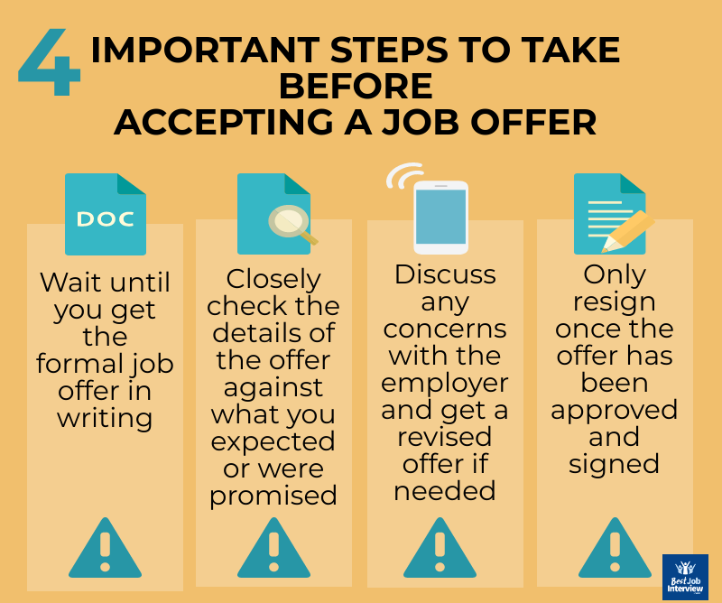 Infografía de 4 pasos a seguir antes de aceptar una oferta de trabajo