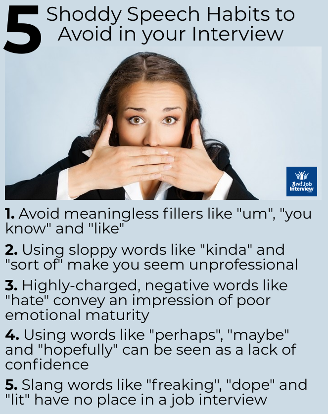 Chica con las manos sobre la boca y lista de 5 malos hábitos de habla que debes evitar en tu entrevista