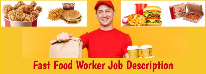Trabajador de comida rápida con comida e imágenes más pequeñas de comida rápida.