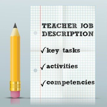 Lápiz amarillo y página del libro de ejercicios con palabras Descripción del trabajo del maestro y tareas, actividades y competencias clave