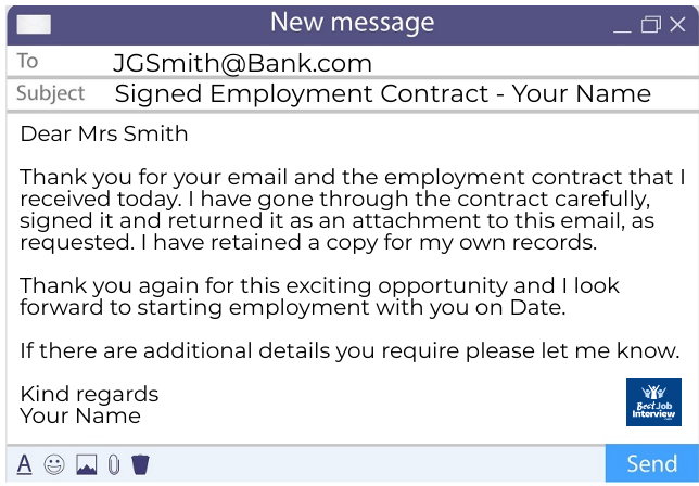 Ejemplo de un correo electrónico para enviar con su contrato de trabajo firmado en forma de imagen