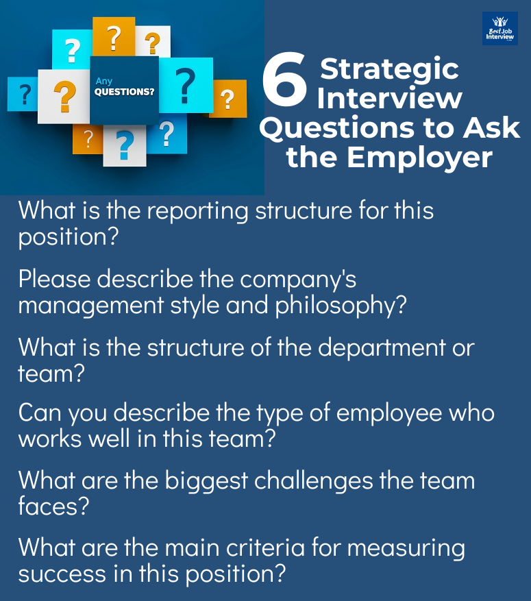 6 preguntas estratégicas de la entrevista para hacerle al empleador en texto sobre fondo azul